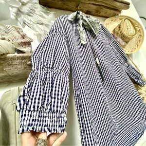 Prairie seersucker boho doll check dress w standing up collar shabby chic vibe